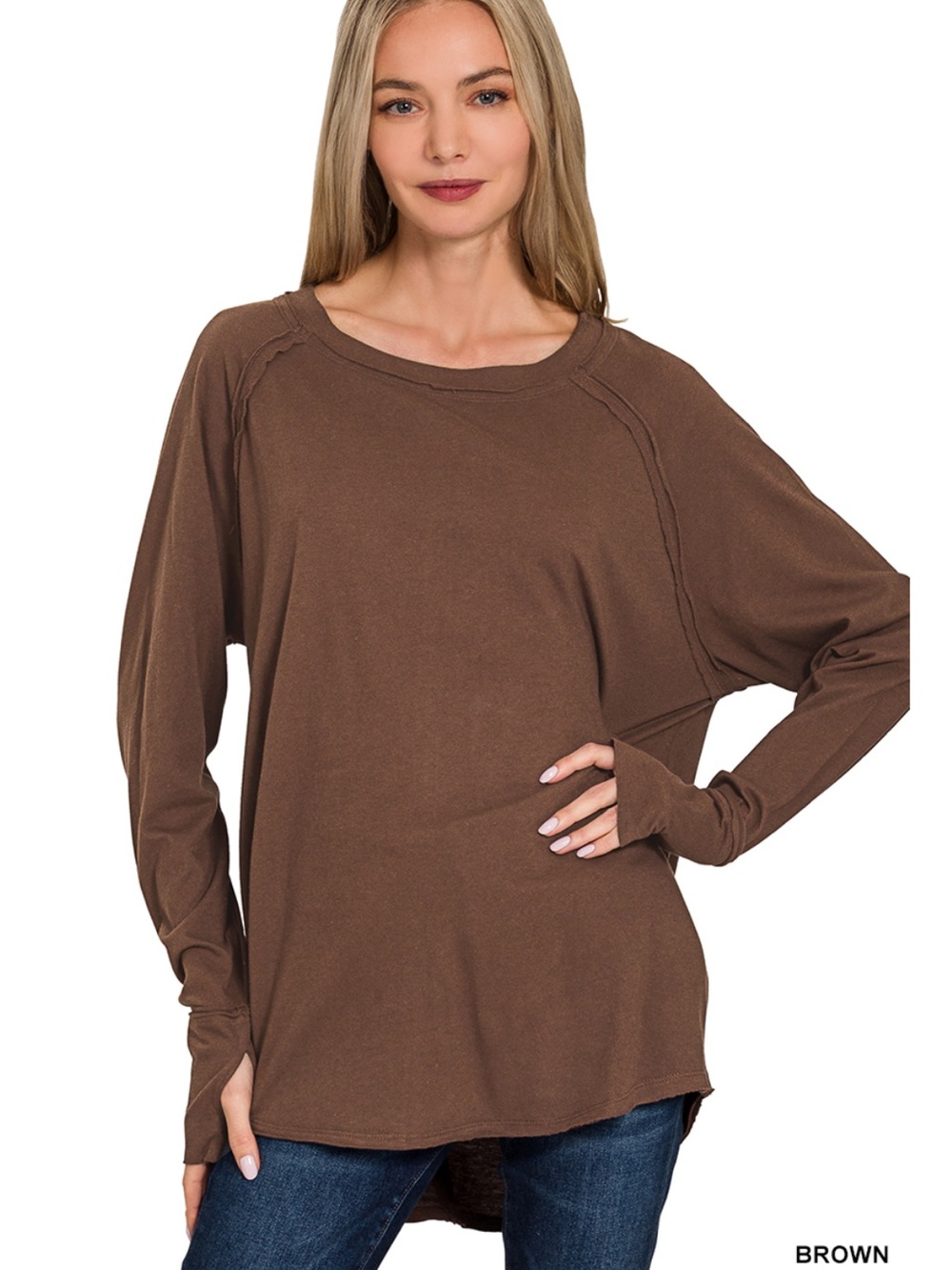 Zenana Brown Cotton Long Sleeve with Thumbhole Top